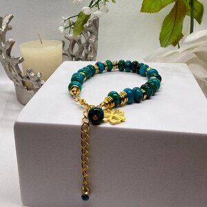 Turquoise Blue Gemstone Bracelet • Gold Accent Beaded Adjustable Boho Bracelet